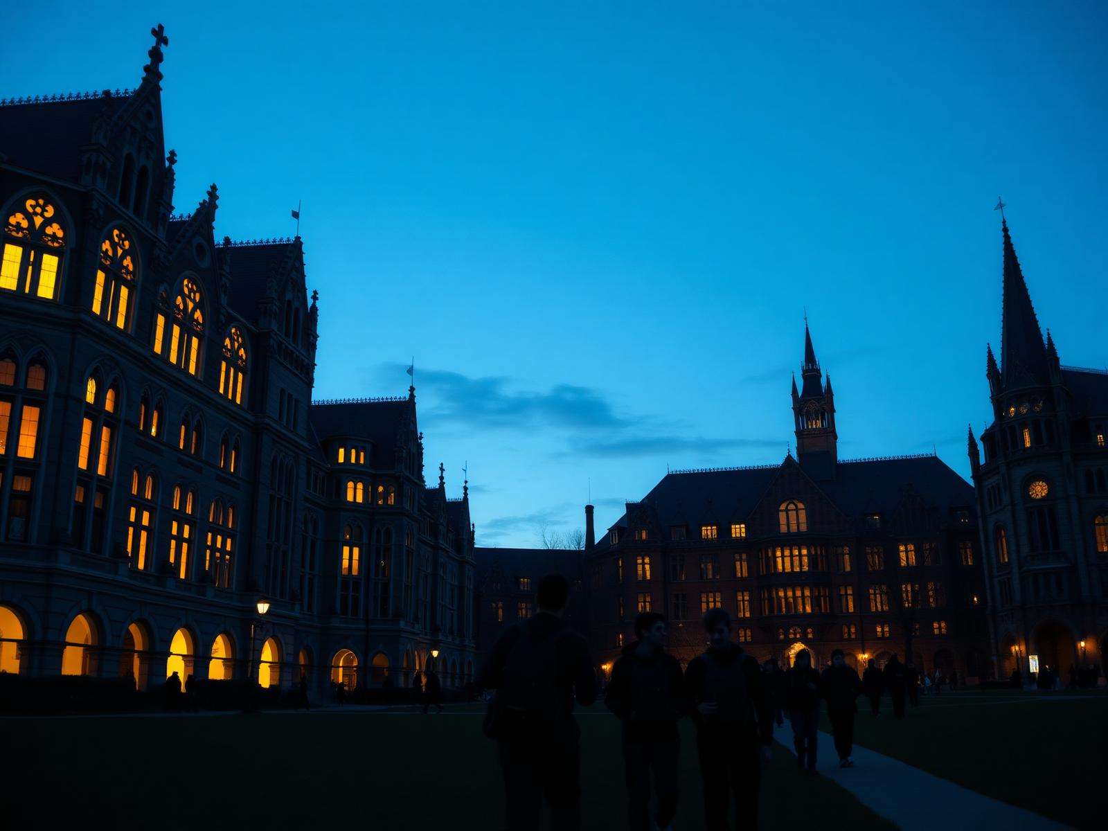 University campus at dusk