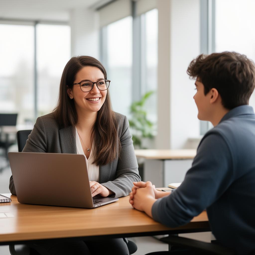 Counsellor advising a student in a bright office